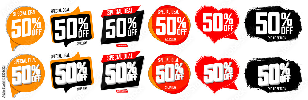 Set Sale 50 off banners, discount tags design template, vector illustration - obrazy, fototapety, plakaty 