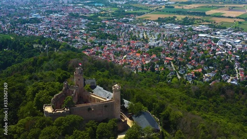 Aerial view of the castle and city Schloss Auerbach in Germany. On a sunny day in Summer.  photo