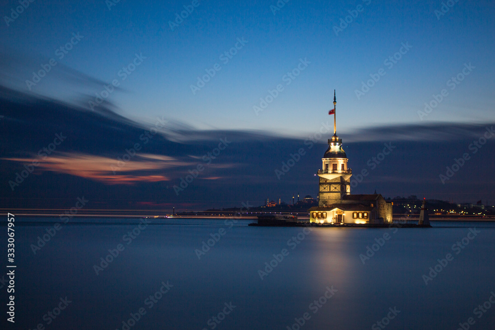 Nice sunset photo of Maiden's Tower (Kiz kulesi) In Istanbul , Turkey