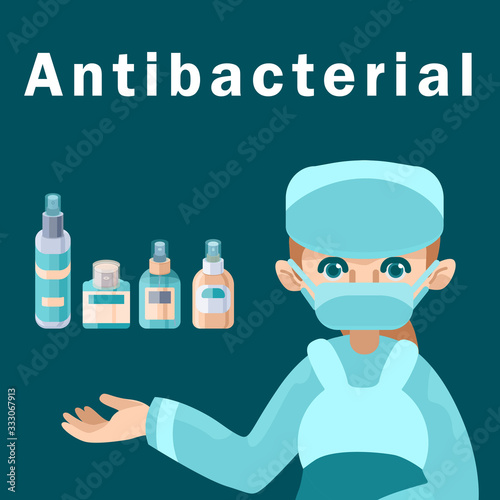 Antibacterial text with antiseptics on blue backdrop. Nurse in mask for social banner, hygiene promotion, medical poster. Social network warning or info card. Minimal style stock vector illustration