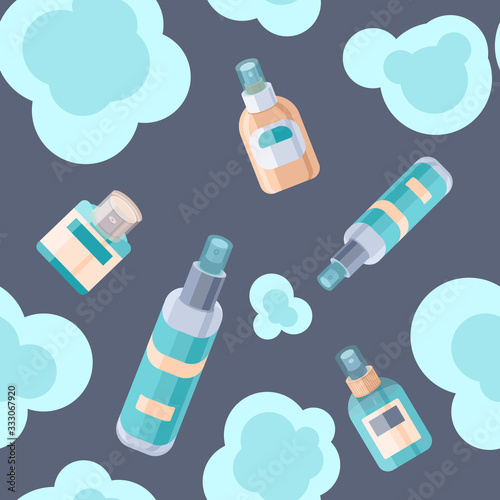 Aerosol bottles on grey backdrop. Antiseptic spray seamless pattern for wrapping paper, sleeper, pillowcase or bed linen, bath tile. Phone case or cloth print. Minimal style stock vector illustration