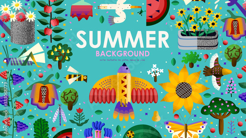 Summer time! Vector cute illustration of abstract birds, flowers, sunflower, watermelon, fruit and berry, butterfly, bee, nature horizontal background. Drawings for banner, card, poster or postcard