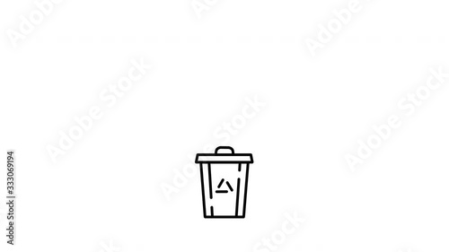 Plastic bottle thrown to the recycle bin. Stylized infographic animation. Black on white.