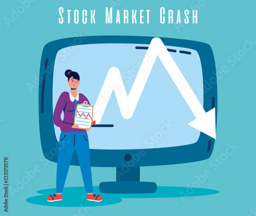businesswoman with stock market crash icons