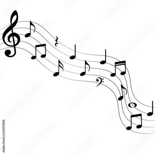 Music notes, flowing, white background, vector illustration.