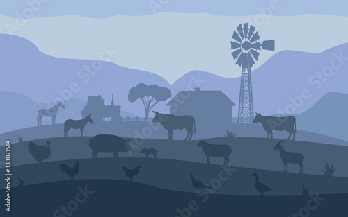Landscape evening village ranch with livestock