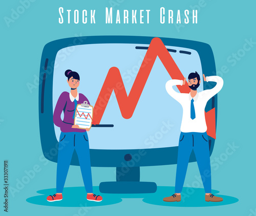 business couple with stock market crash icons