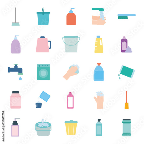 Cleaning service items flat style icon set vector design