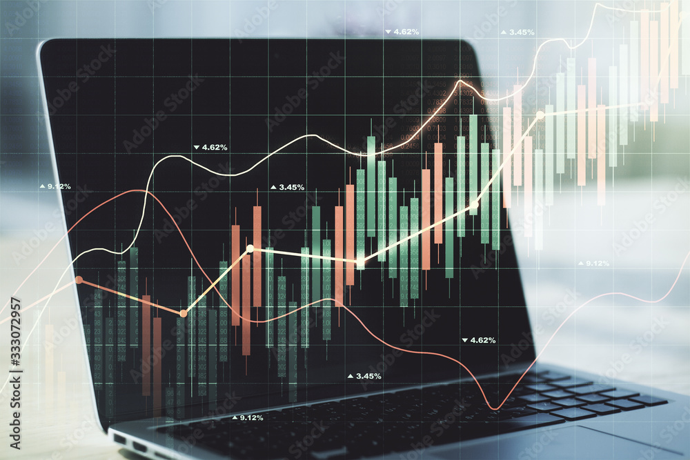 Double exposure of abstract creative financial chart on modern laptop background, research and strategy concept Double exposure of abstract creative financial chart on modern laptop background, research and strategy concept