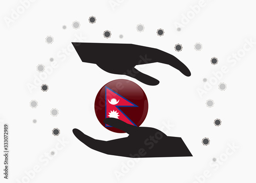Hand holding nepal flag in cycle symbol, Protect nepali people from coronavirus or COVID-19 concept, Save nepal, sign symbol background, vector illustration. 
