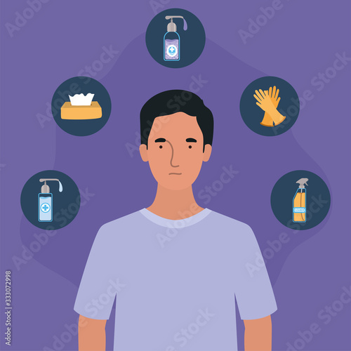 Avatar man with 2019 ncov virus cleaning equipment vector design