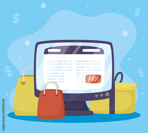 Payments online technology with desktop and shopping bags