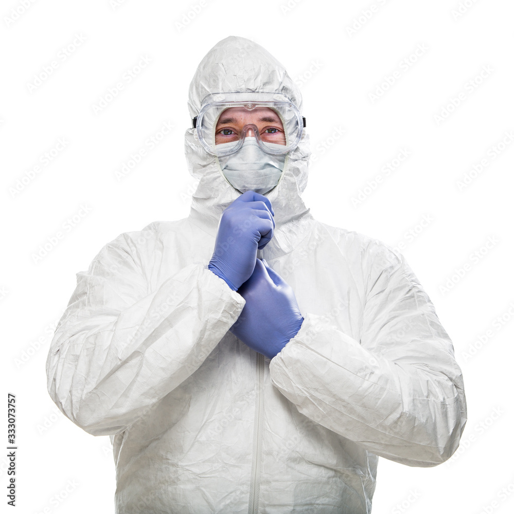Man Wearing Hazmat Suit, Goggles and Medical Face Mask Isolated On White
