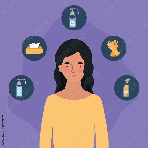 Avatar woman with 2019 ncov virus cleaning equipment vector design