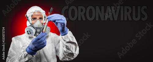 Banner of Female Doctor or Nurse In Medical Protective Gear Holding Positive Coronavirus Test Tube With Coronavirus Text Behind photo