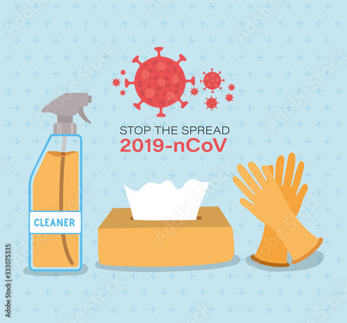 Cleaner spray tissues box and gloves for stop the spread 2019 ncov virus vector design