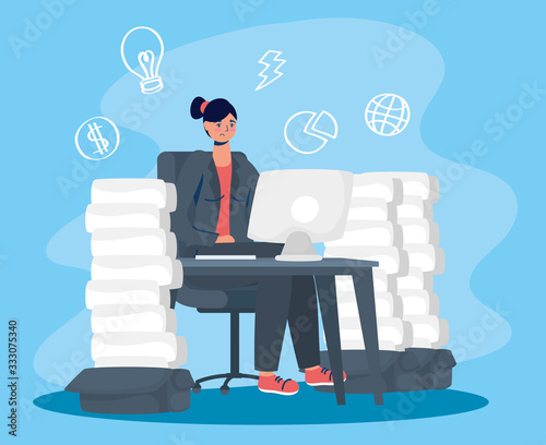 woman using desktop with stress character