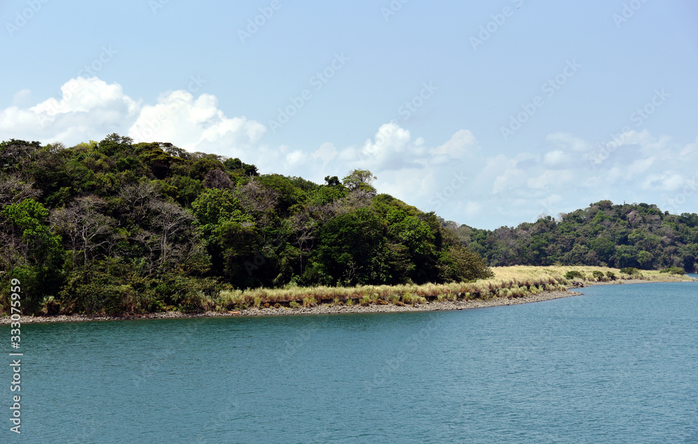 Green landscape of Panama Canal, view from the transiting cargo ship. Green landscape of Panama Canal, view from the transiting cargo ship.