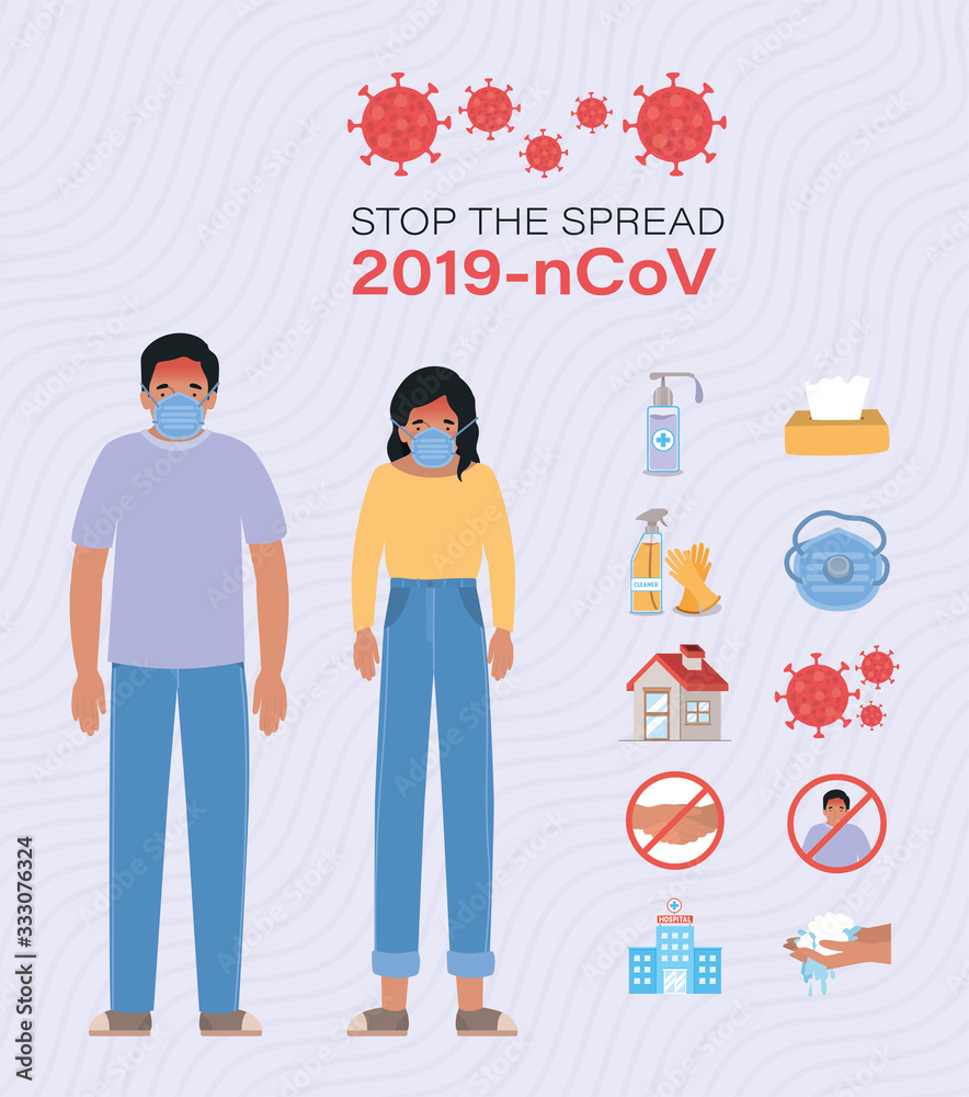 Man and woman with 2019 ncov virus prevention typs vector design