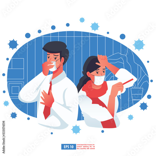 Flu sickness by corona virus concept. Sick person having cold. Ill man headache. Flu illness person. Flat design vector illustration