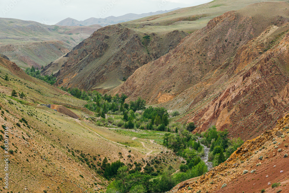 mountain canyon with red soil, river valley with gorges and green trees, soil erosion, formation of ravines from drought