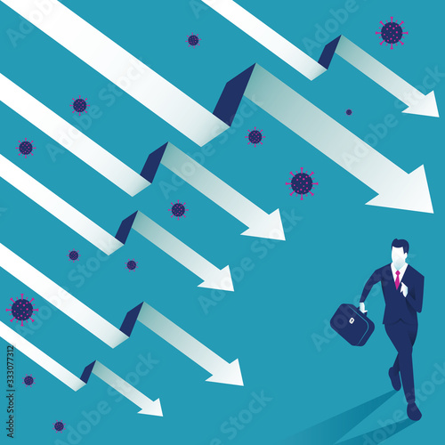 Economic downturn caused by a Coronavirus pandemic or COVID-19 concept. Businessman faces an economic crisis which is marked by arrow symbol. Vector illustration