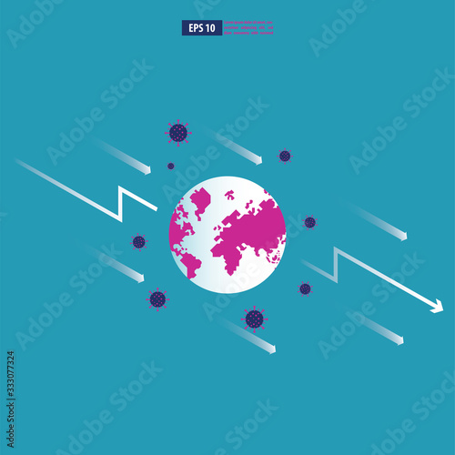 Economic downturn caused by a Coronavirus pandemic or COVID-19 concept. Businessman faces an economic crisis which is marked by arrow symbol. Vector illustration