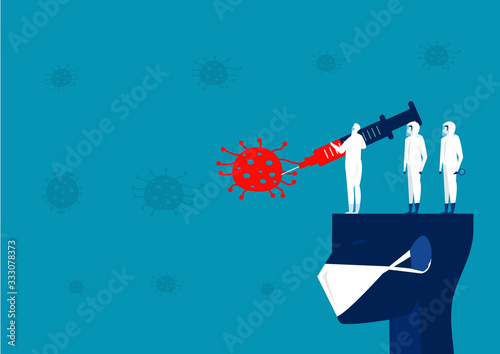  man in hazmat suit hold big injections to fight covid 19 coronavirus illustrator vector.