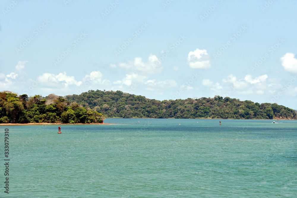 Green landscape of Panama Canal, view from the transiting cargo ship.