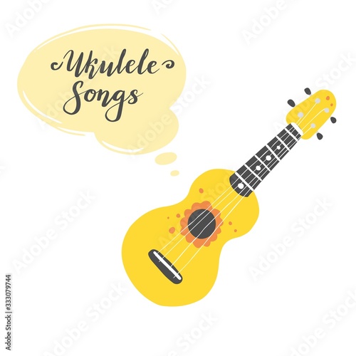 Cute cartoon ukulele for summer poster, card design with lettering text Ukulele songs. Little guitar, string music instrument of hawaii style. Vector illuatration of simple hand drawn style.