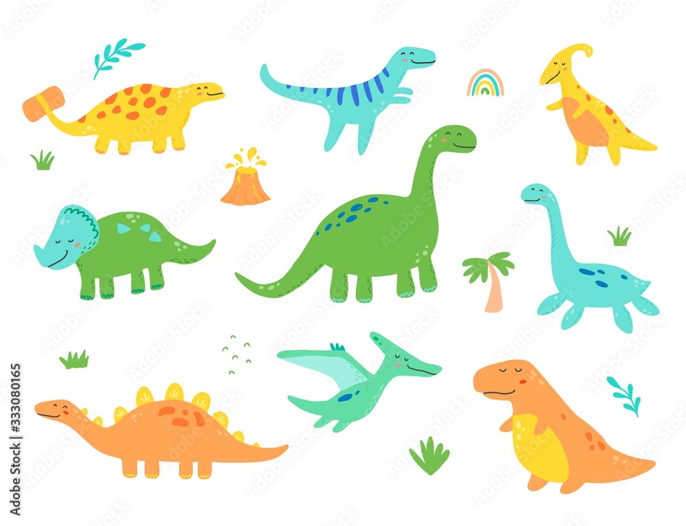 Naklejka Cute dinosaur set for kids, baby clipart design. Colorful dino of hand drawn style. Vector illustration of dinosaurs isolated on background.