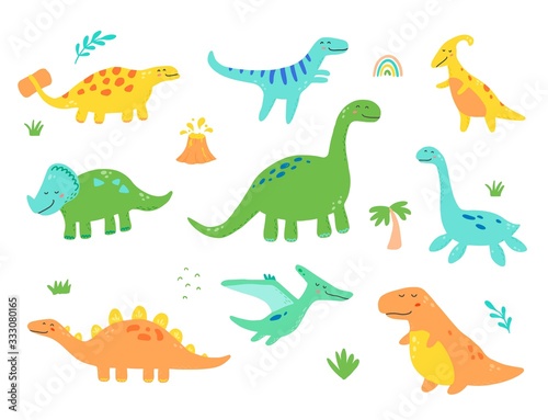 Cute dinosaur set for kids, baby clipart design. Colorful dino of hand drawn style. Vector illustration of dinosaurs isolated on background. © Polina Tomtosova