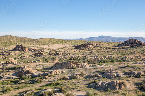 empty landscape with scattered rocks and mountains in Mojave Desert, California