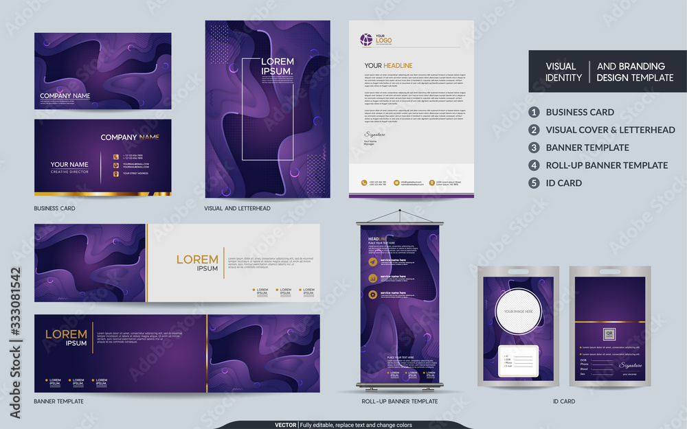 Modern dynamic colorful purple stationery mock up and visual brand identity set. Modern dynamic colorful purple stationery mock up and visual brand identity set.