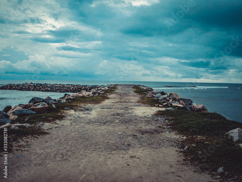  A really stunning passage through nature. The lonely path is ending at the beach located in Fortaleza. The dark clouds of the sky give a shadow effect.