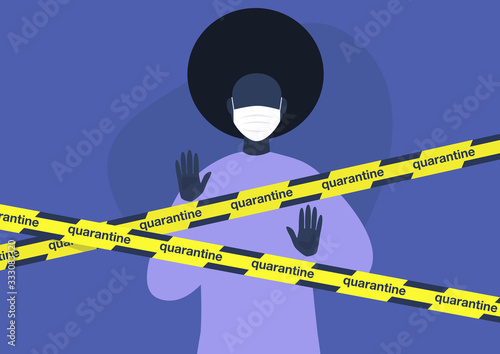 Young black female character wearing a protective mask behind the quarantine yellow tape, coronavirus outbreak, social isolation