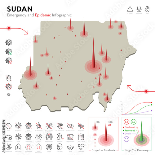 Map of Sudan Epidemic and Quarantine Emergency Infographic Template. Editable Line icons for Pandemic Statistics. Vector illustration of Virus, Coronavirus, Epidemiology protection. Isolated