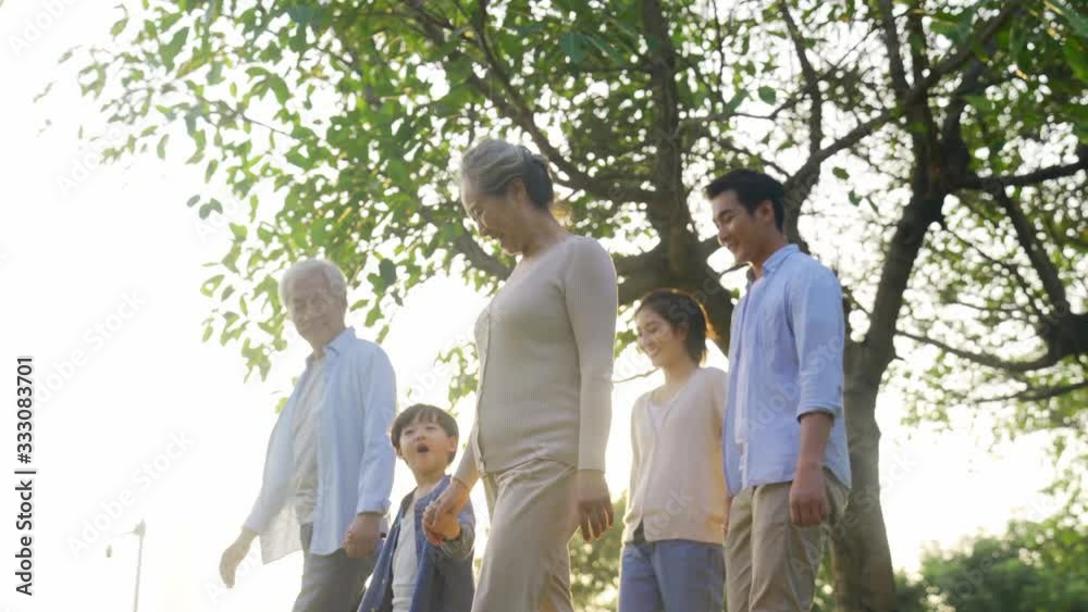 happy multi generation family walking relaxing outdoors in park