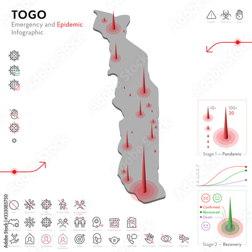 Map of Togo Epidemic and Quarantine Emergency Infographic Template. Editable Line icons for Pandemic Statistics. Vector illustration of Virus, Coronavirus, Epidemiology protection. Isolated