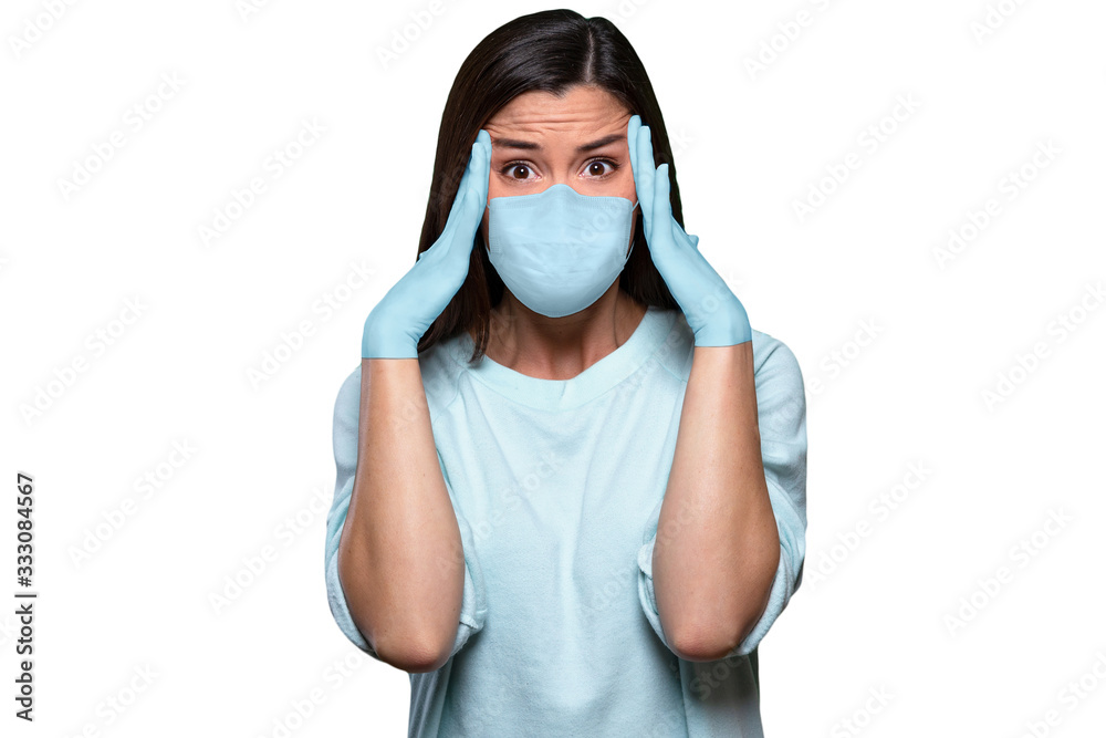 Worried, scare, panicked asian american woman in medical mask and rubber gloves, concerned about viral pandemic illness, paranoid of pandemic Worried, scare, panicked asian american woman in medical mask and rubber gloves, concerned about viral pandemic illness, paranoid of pandemic