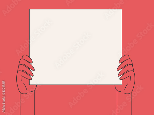 Hand holds a blank poster with place for your text. Vector illustration