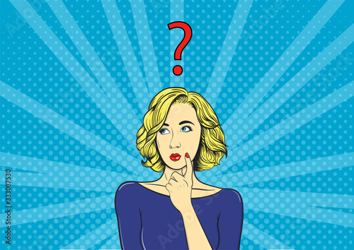 Thoughtful girl and question mark. Woman in comic style. Vintage vector illustration