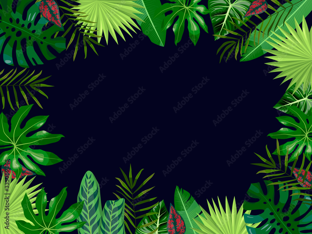 Vector dark blue background with tropical leaves, palms, monstera leaf, floral. Fashionable template on dark background for banner, greeting card, post, sticker, invitation, wedding, sale.