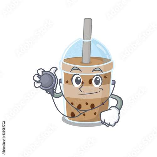 An elegant chocolate bubble tea in a Doctor Cartoon character with tools