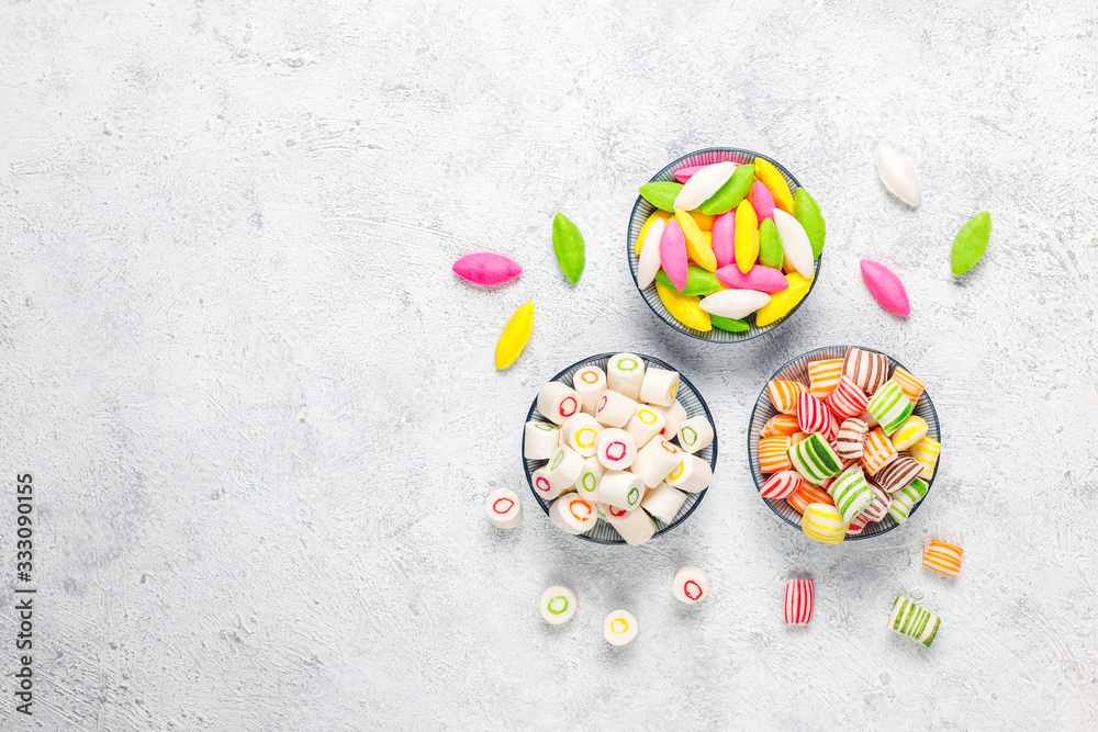 Different colorful sugar candies,top view