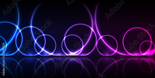 Blue and ultraviolet neon laser circles with reflection. Abstract rings technology retro background. Futuristic glowing graphic design. Modern vector illustration