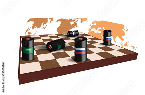 Chess board with figures of a barrel of oil. The struggle of Russia and Saudi Arabia for the fuel market. Difficult situation, defeat or victory. Isometric illustration on the theme of the oil crisis