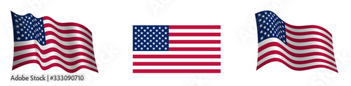American flag in a static position and in motion, developing in the wind, on a transparent background