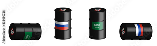 barrels with the flags of Russia and Saudi Arabia, confrontation and the struggle for the oil market, OPEC. Isolated vector on white background