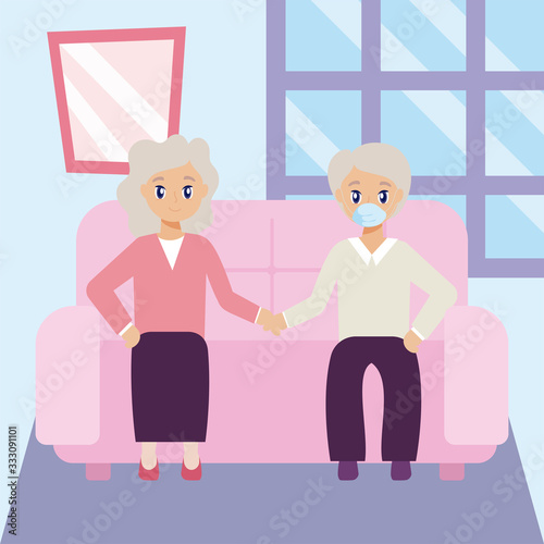 elderly care, old couple sitting on the sofa